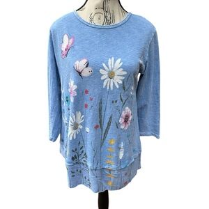 Jess & Jane Blue Floral Butterfly Cotton Top Made In USA Small Mineral Washed